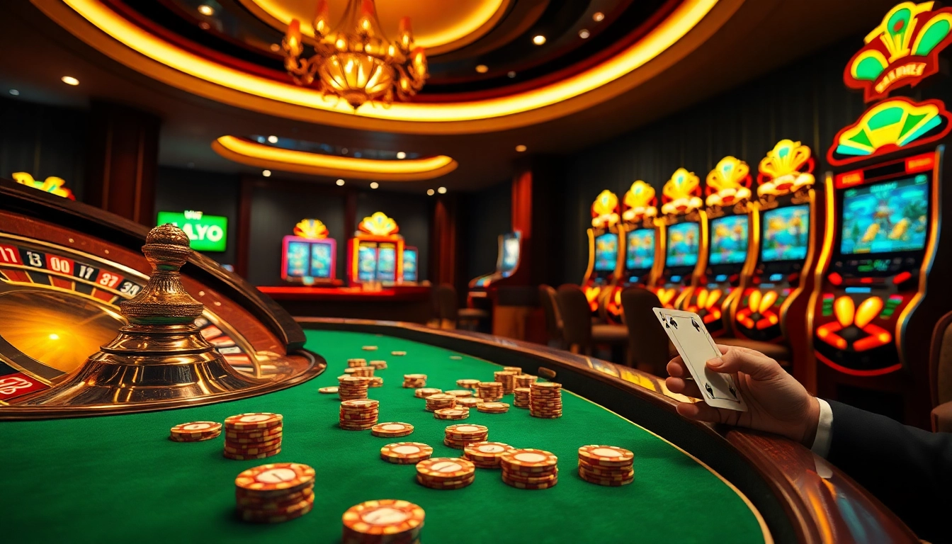 Engaging scene at Nhà cái KP88 Casino, vibrant gaming tables and luxury slot machines.