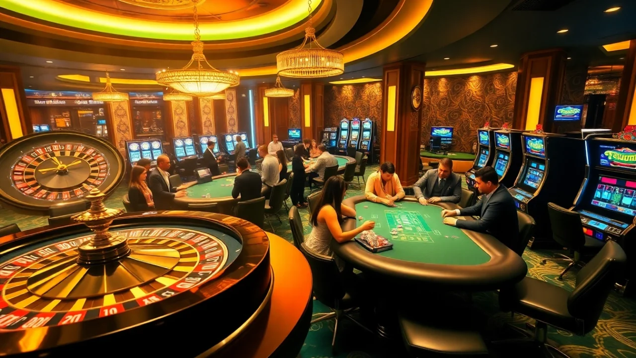 A vibrant casino scene at thabet77.org with players enjoying roulette and poker, evoking excitement and luxury.