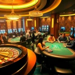 A vibrant casino scene at thabet77.org with players enjoying roulette and poker, evoking excitement and luxury.