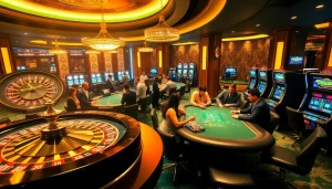 A vibrant casino scene at thabet77.org with players enjoying roulette and poker, evoking excitement and luxury.