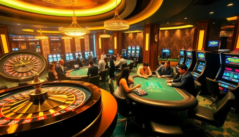 A vibrant casino scene at thabet77.org with players enjoying roulette and poker, evoking excitement and luxury.