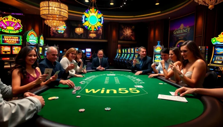 Players enjoying a thrilling game of blackjack at a luxurious casino, with a focus on win55 strategies.