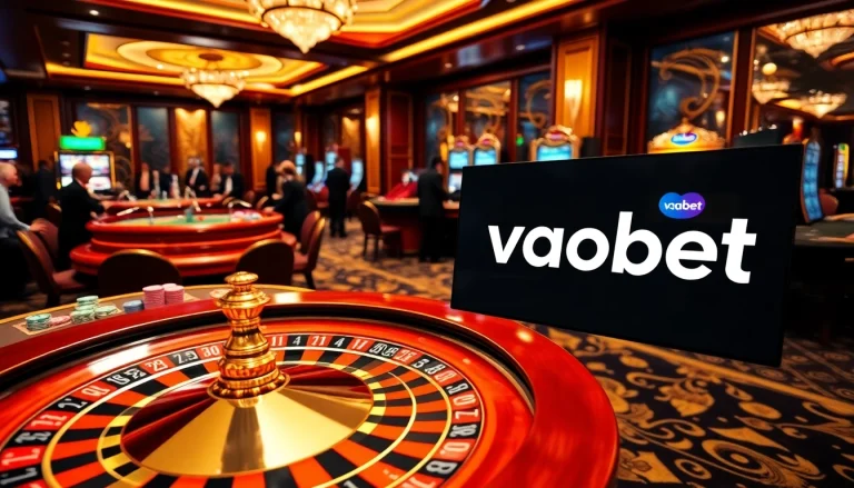 Experience high-stakes gaming excitement with vaobet's stunning casino scene featuring roulette and poker.