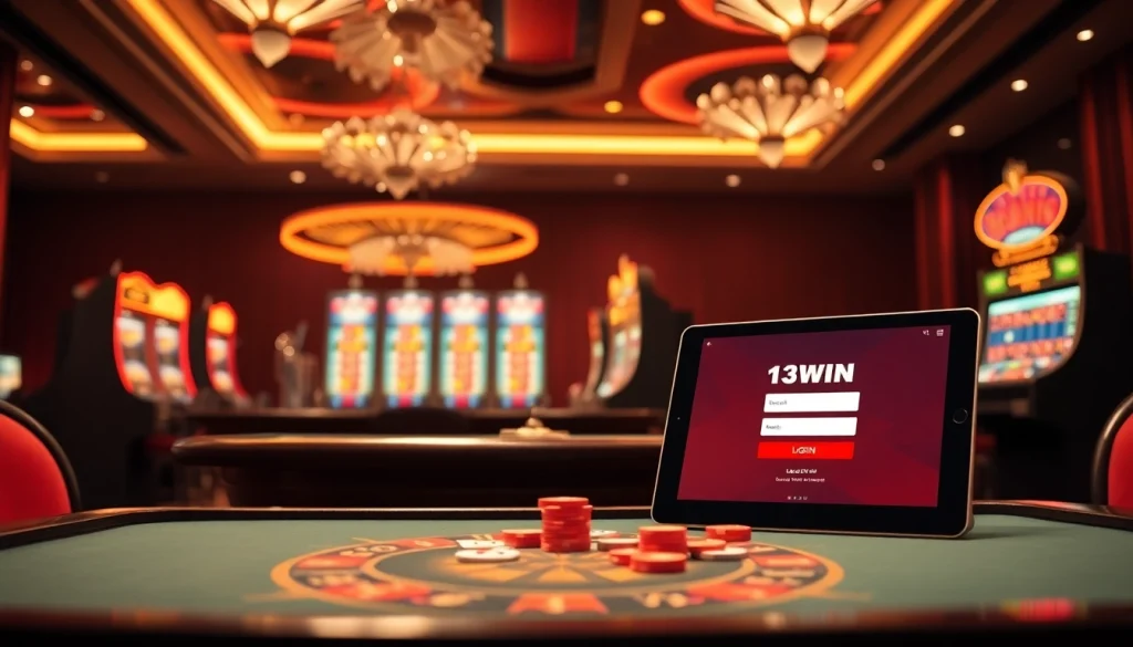 Experience the thrill of gambling with 13win đăng nhập interface visible in this luxurious casino scene.