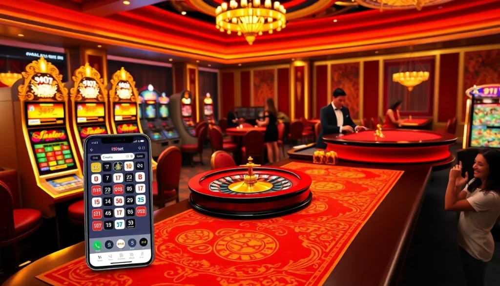 Engage with the thrilling 999bet app at a vibrant casino table full of slot machines.
