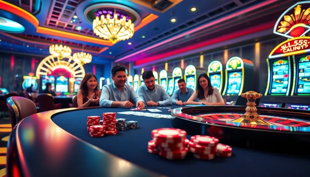 Players enjoying an exciting game at BL555 casino table with vibrant poker chips.