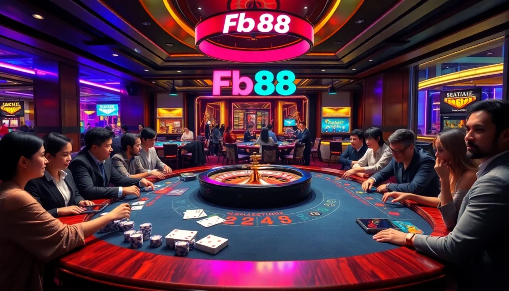 Players enjoy a professional gaming experience at Fb88 casino tables with vibrant casino decor.