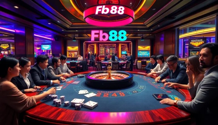 Players enjoy a professional gaming experience at Fb88 casino tables with vibrant casino decor.