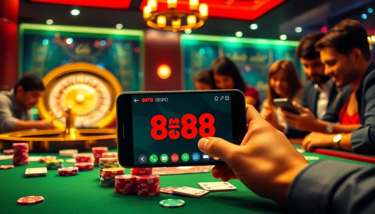 Engage with the Bet88 app, experiencing thrilling gameplay on mobile devices during a vibrant casino scene.