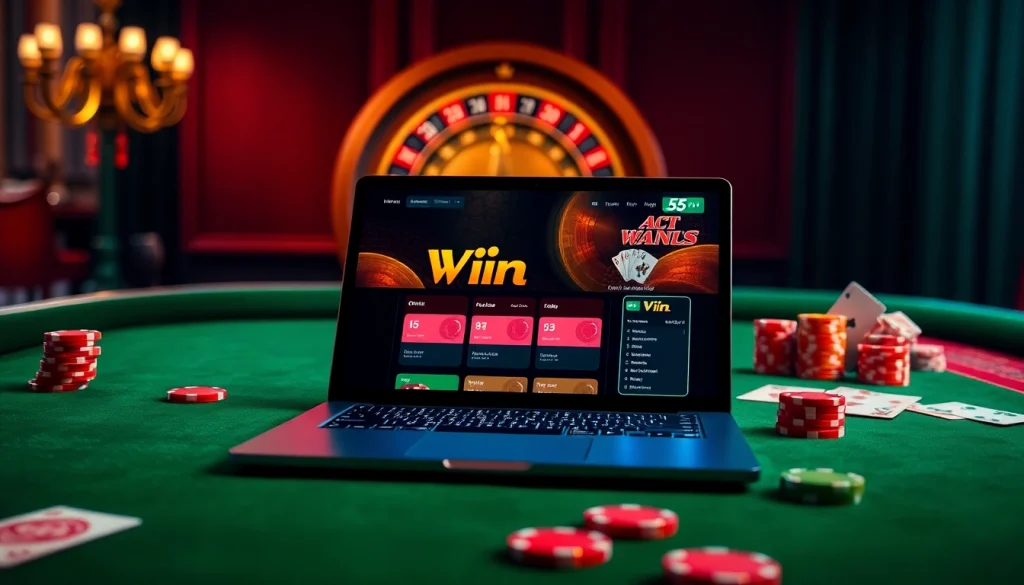 Experience the thrill of the win55 app while playing at an elegant casino table with poker chips.