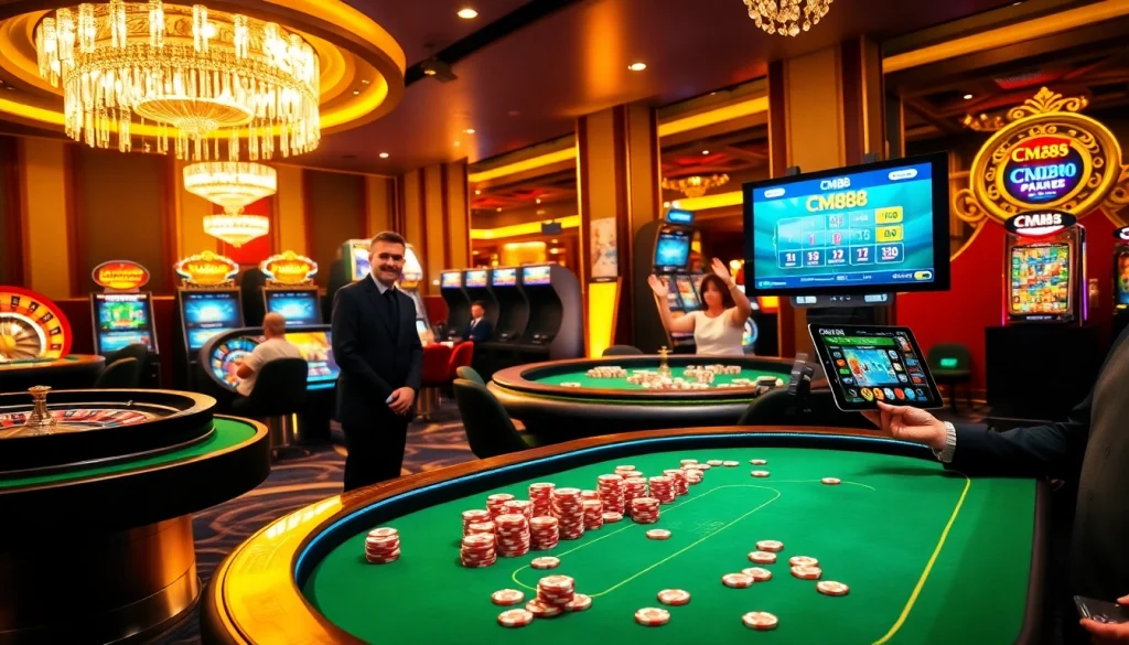 Engage at CM88's high-stakes poker table amidst vibrant slot machines and roulette wheels.