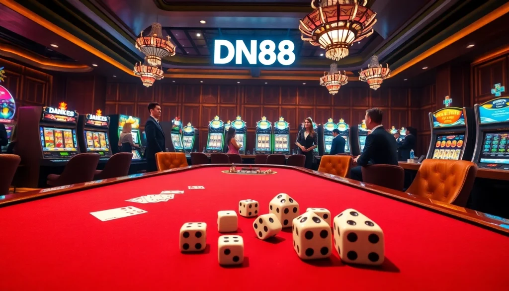 An engaging scene from https://dn88s.net/ displaying professional gamblers at a casino table, enjoying high-stakes poker with vivid slot machines in the background.