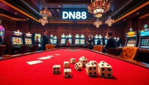 An engaging scene from https://dn88s.net/ displaying professional gamblers at a casino table, enjoying high-stakes poker with vivid slot machines in the background.