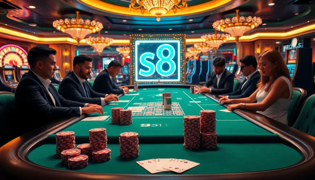 Experience an exciting poker night at the casino featuring s8 gaming elements and vibrant atmosphere.