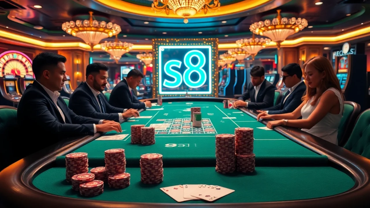 Experience an exciting poker night at the casino featuring s8 gaming elements and vibrant atmosphere.