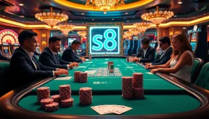 Experience an exciting poker night at the casino featuring s8 gaming elements and vibrant atmosphere.