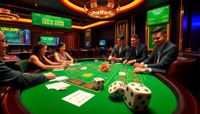 Engaged players enjoying Tài Xỉu MD5 game at a vibrant casino table