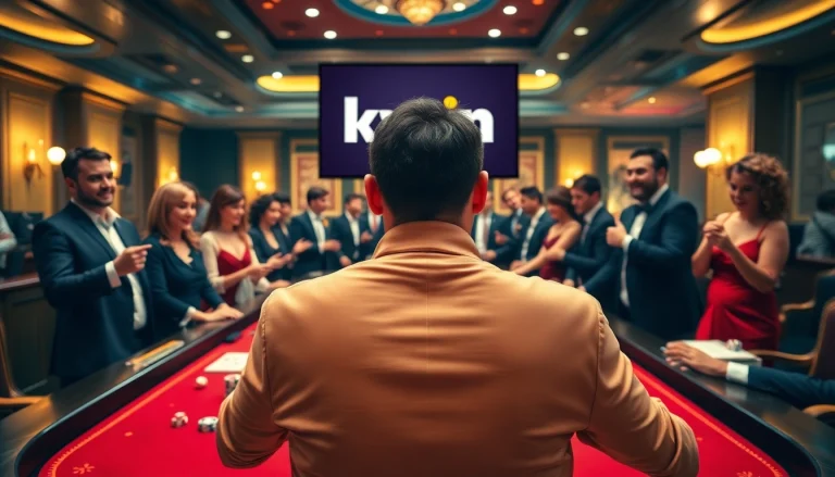 An immersive casino scene featuring players around a table, highlighting online gambling with https://kwin.bio/ in the background.