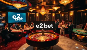 Engage in the thrilling action of e2 bet at a vibrant casino, featuring colorful roulette and card tables.