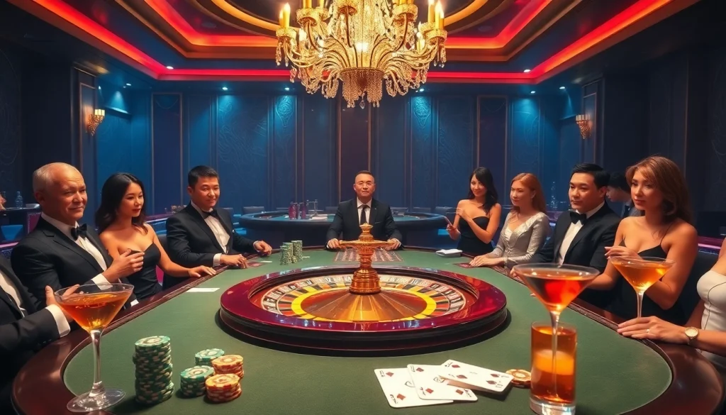 Players enjoying the game win79 at a luxurious casino with vibrant roulette table and colorful chips.