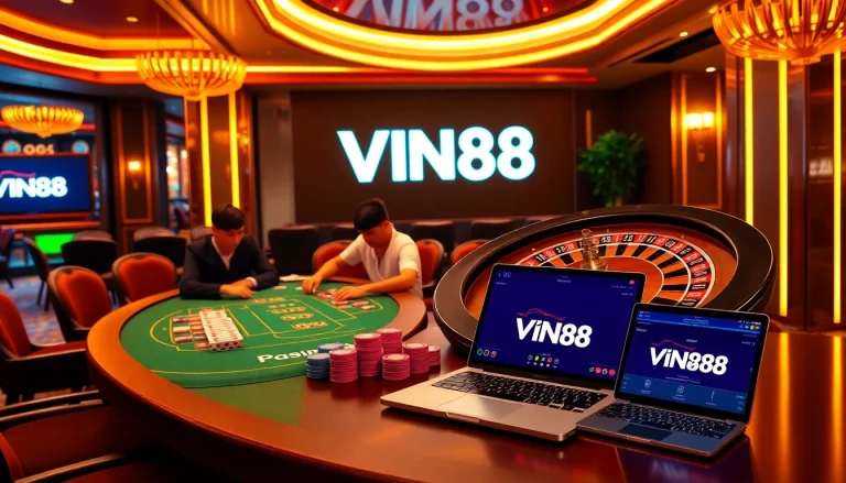 Experience VIN88's thrilling gambling atmosphere with vibrant poker games and luxury betting.