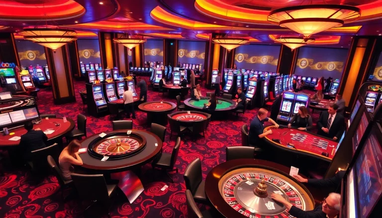 Players enjoying casino games at OK365, showcasing exciting action with tables and slot machines.
