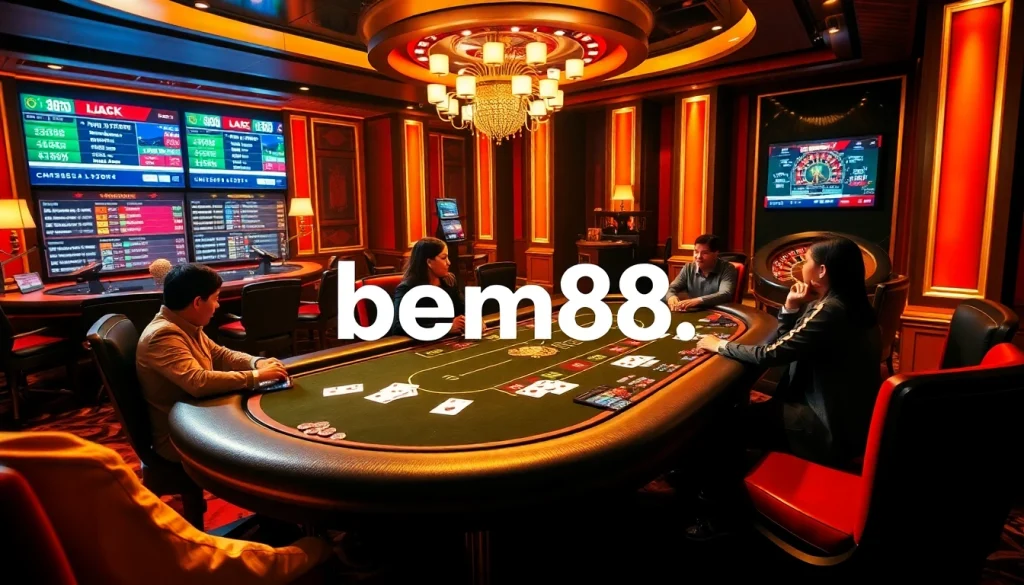 Experienced players enjoying a thrilling poker game at bem88's luxurious casino table.