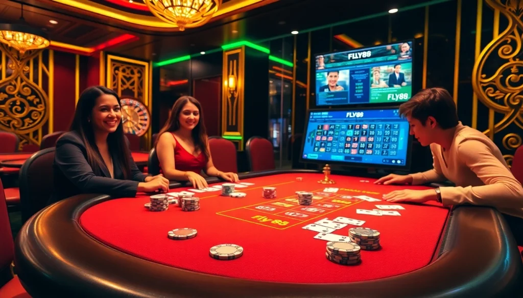 Engage in thrilling gameplay at the FLY88 casino with vibrant chips and roulette wheels.