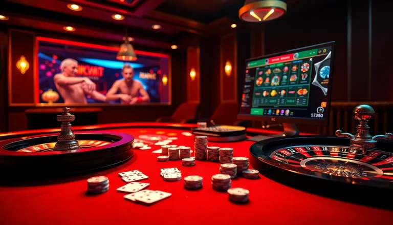 Experience the thrill of online gambling with rikvip, featuring luxurious casino elements like cards and roulette.