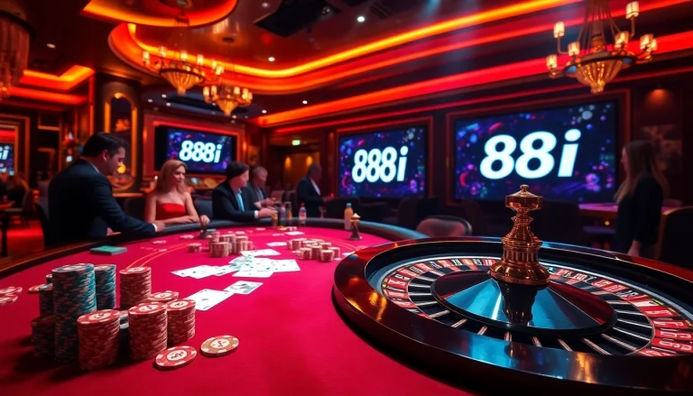 Players betting at a luxurious casino table featuring 88i themes, vibrant chips, and cards.
