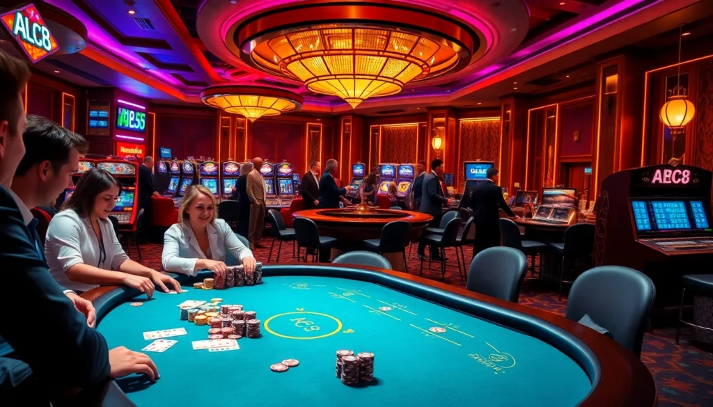 Excited players at a poker table in an upscale casino environment showcasing ABC8 gaming strategies.