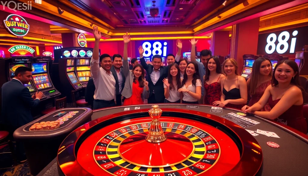 The casino scene showcases players celebrating wins at poker tables, highlighting 88i gaming excitement.