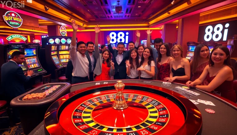 The casino scene showcases players celebrating wins at poker tables, highlighting 88i gaming excitement.
