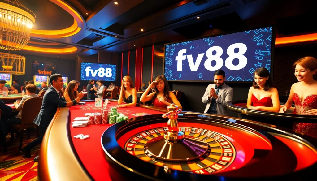 Engaging scene at a luxurious casino showcasing exciting table games with fv88 branding.