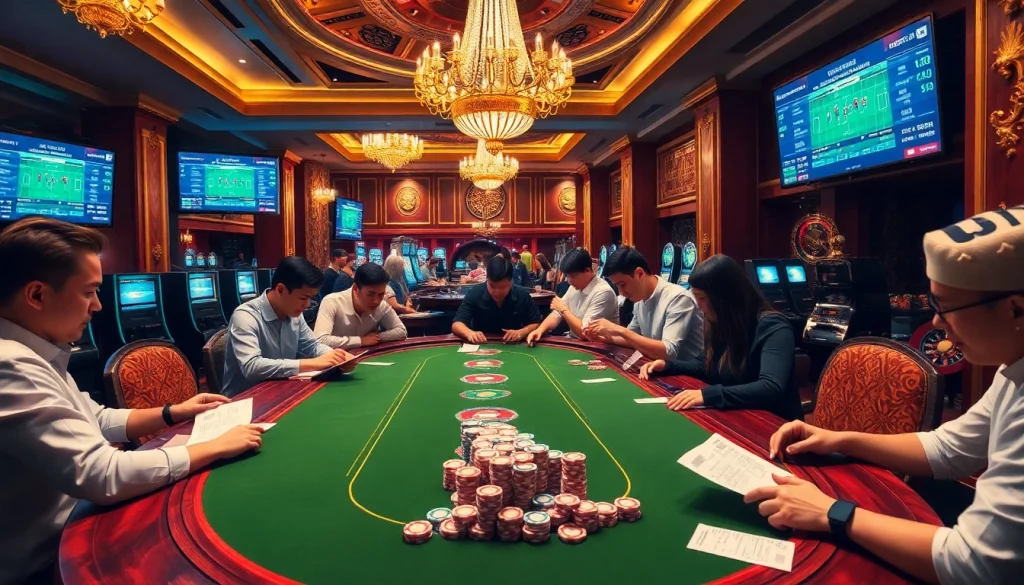 Kèo Bóng Đá betting table at a luxurious casino with players engaged in high-stakes wagering.