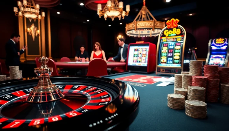 Experience the thrill of go 88 at a luxurious casino with poker chips and an illuminated roulette table.