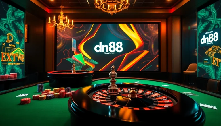 Experience the luxury of dn88 trang chủ, featuring an exhilarating online casino scene with poker chips and roulette.