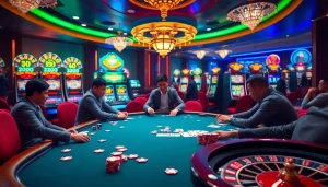 Engaging gamblers around a poker table with Kp88 link betting visuals, vibrant casino atmosphere.