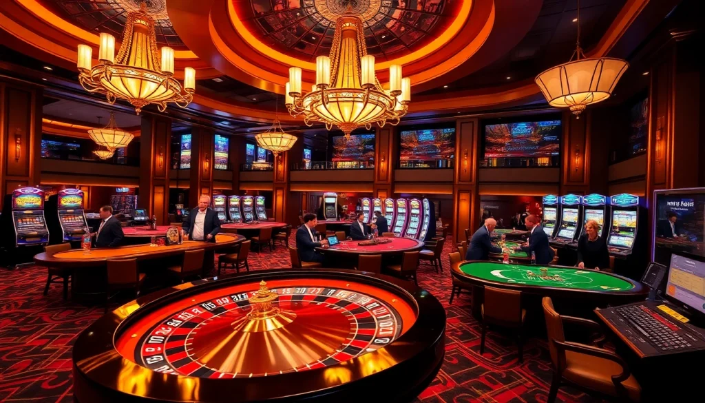 KBBET casino scene featuring poker tables, roulette wheels, and vibrant slot machines.
