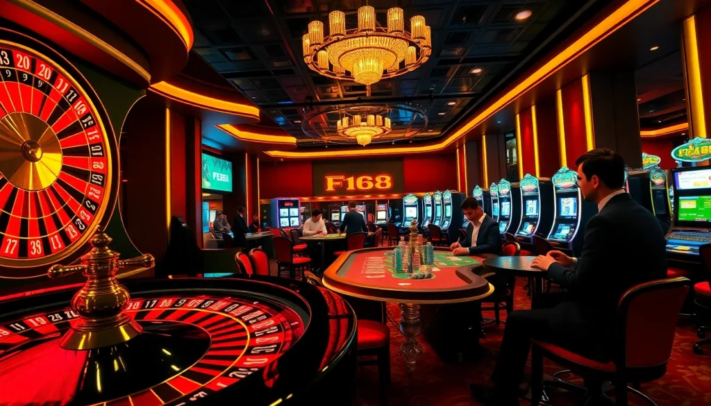 Experience the excitement of F168 casino gaming with vibrant roulette and poker tables.