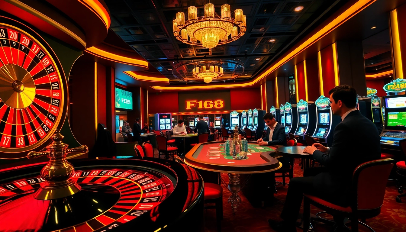 Experience the excitement of F168 casino gaming with vibrant roulette and poker tables.