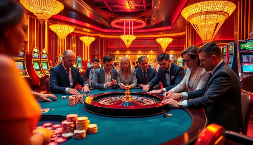 Kuwin gamblers experiencing excitement at a vibrant casino with roulette table and slot machines.