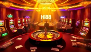 Players enjoying exciting games at Hi88 casino, showcasing vibrant roulette and poker tables.