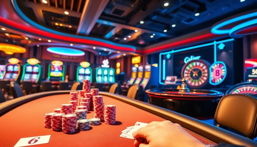 Experience the excitement of GG88 link with vibrant casino visuals featuring poker tables and slot machines.