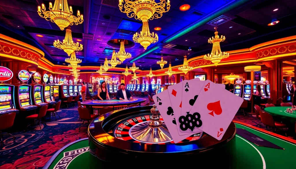 Experience vibrant casino excitement at 888new's luxurious gaming floor with tables and roulette.