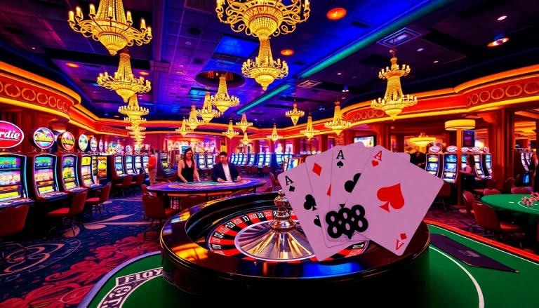 Experience vibrant casino excitement at 888new's luxurious gaming floor with tables and roulette.