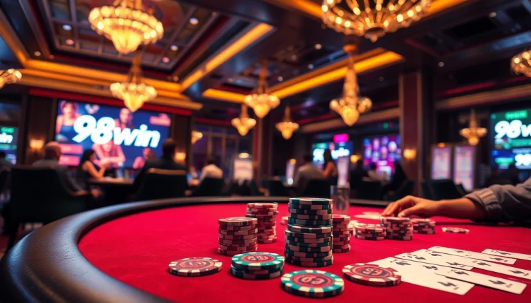 Players enjoying a lively poker game in a luxurious casino setting inspired by 98win.
