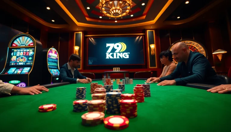 A thrilling moment at a 79King poker table with vibrant colors and intense players.