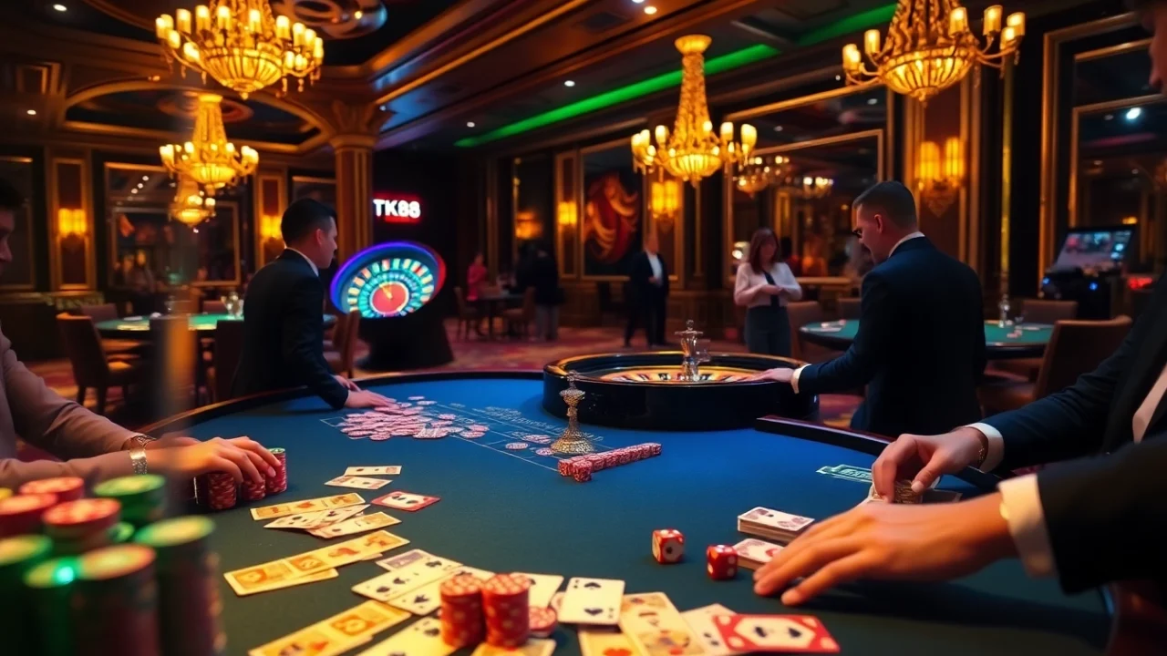 Engage with the TK88 gaming table filled with vibrant cards and chips in a luxurious casino setting.