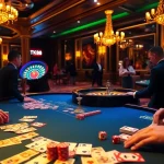 Engage with the TK88 gaming table filled with vibrant cards and chips in a luxurious casino setting.